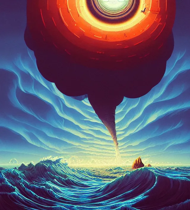 Prompt: a giant 🌊 swirling in the sky above a barren 🏜 by ivan shishkin and zacharias aagaard and simon stalenhag and dan mumford and josan gonzalez, surrealism, chiaroscuro, hyper detailed, high saturation, retrowave