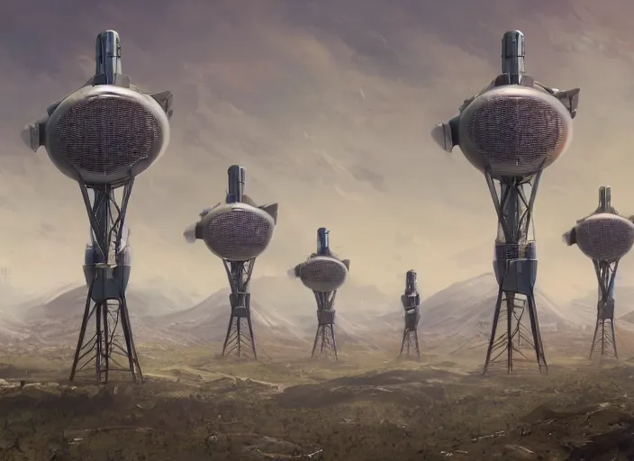 Prompt: a group of strange looking communications towers, a detailed matte painting by Jason A. Engle, cgsociety, afrofuturism, matte painting, concept art, sci-fi