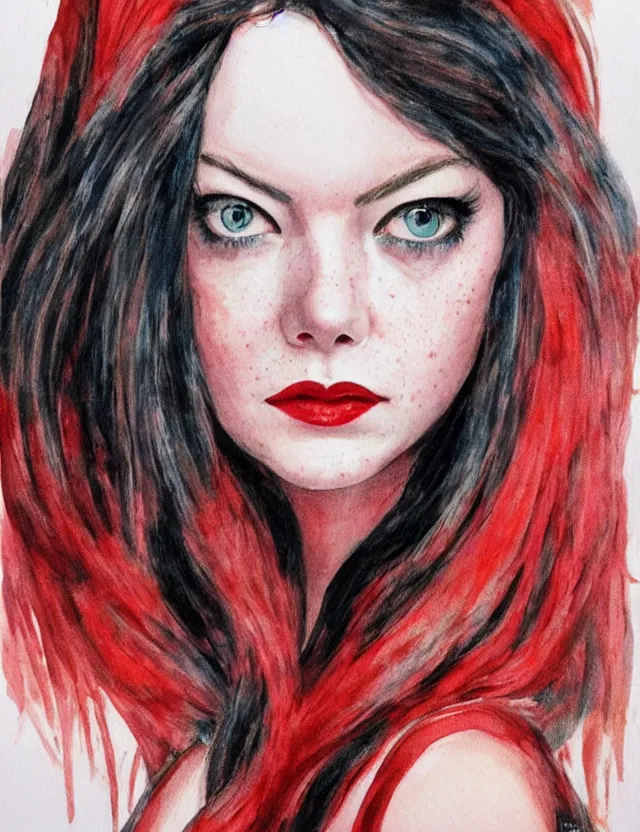 Prompt: portrait of a young emma stone as the scarlet witch, beautiful eyes, long black hair, aquarelle, realistic painting, freckles, 1 / 4 headshot