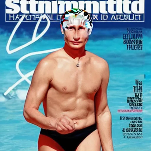 Prompt: vladimir putin on the cover of sports illustrated swimsuit edition, magazine cover, high definition