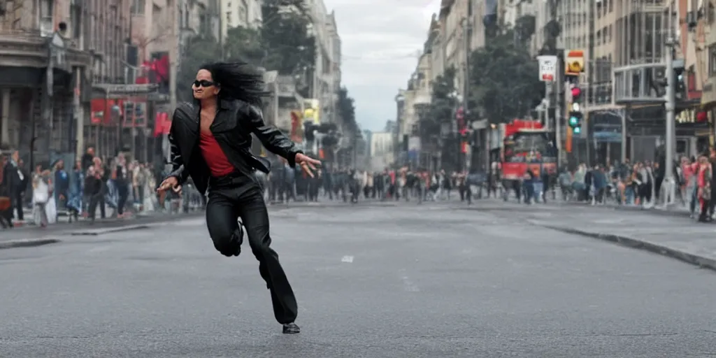 Image similar to leaked photo of Michael Jackson running down street by himself, alone, big crowd, ultra realistic, 4K, movie still, UHD, sharp, detailed, cinematic, render, modern