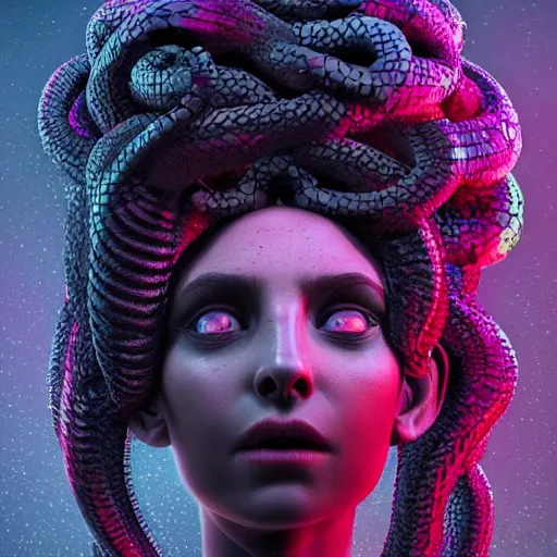 Prompt: beautiful dark medusa gorgon gaze head, highly detailed snakes, beautiful dark creepy landscape, in the style of beeple and mike winkelmann, intricate, epic lighting, cinematic composition, hyper realistic, 8 k resolution, unreal engine 5, raytracing, ultraviolet colors,