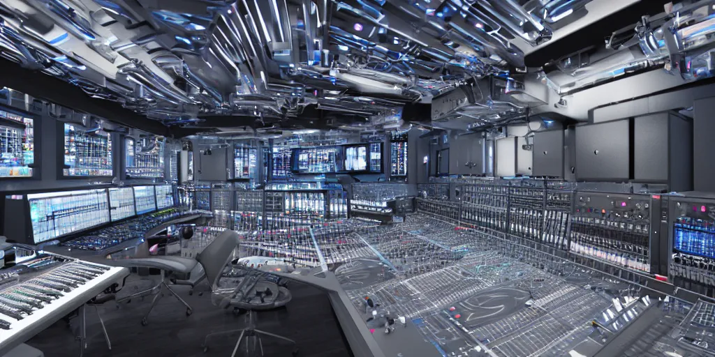 Image similar to giant futuristic music studio full of mixers, stands and speakers, led stripes, illuminated knobs, illuminated faders, intricate insanely detailed octane render, 8K artistic photography, photorealistic