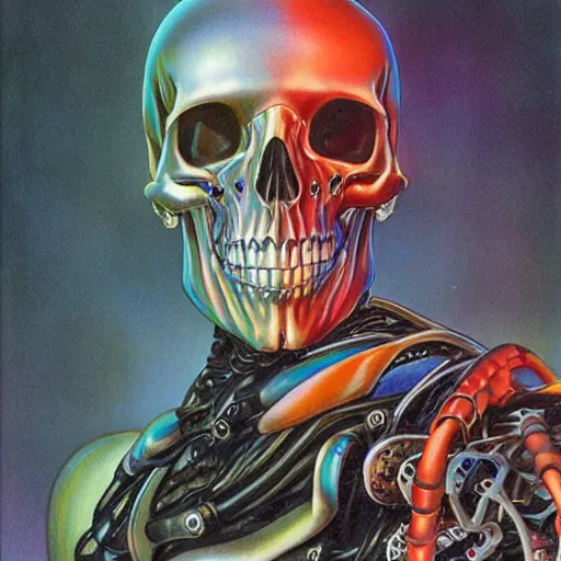 Prompt: exoskeletal skull cybernetic scary by gerald brom prism rainbow