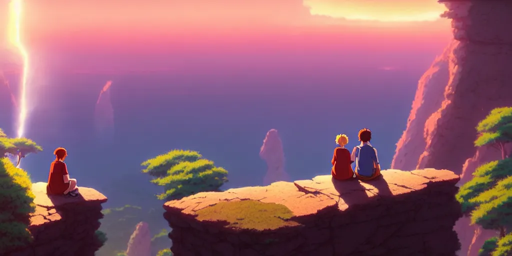 Prompt: a couple sitting over the precipice, looking at sunset, studio ghibli, pixar and disney animation, sharp, rendered in unreal engine 5, anime key art by greg rutkowski, bloom, dramatic lighting