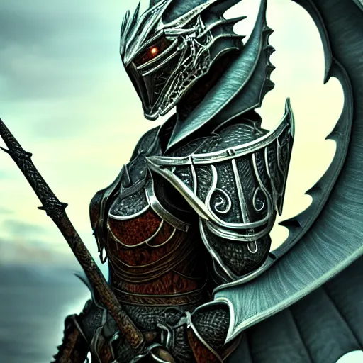 Prompt: highly detailed realistic stunning shot of a beautiful anthropomorphic female dragon knight, resting a detailed and engraved longsword over her armored shoulder, cloak flittering in the wind, high quality, HD octane render, epic cinematography, Artstation, Deviantart, Furaffinity
