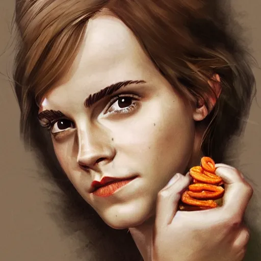 Image similar to portrait of emma watson eating a bowl of worms, trending on artstation