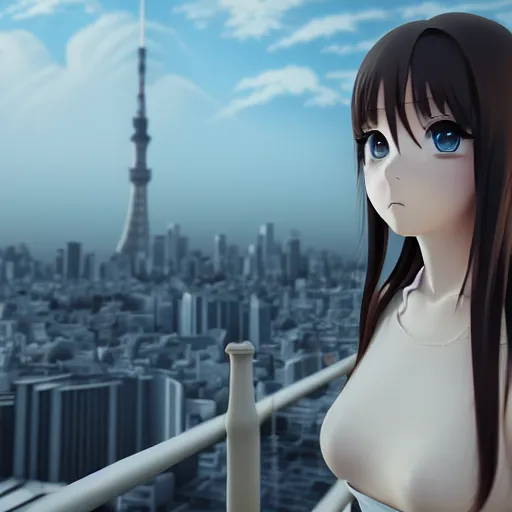 Prompt: anime girl with long brown hair, blue tired eyes with eyeliner, wearing a black dress, tokyo city background, by hayao miyazaki, trending on artstation, octane render, unreal engine