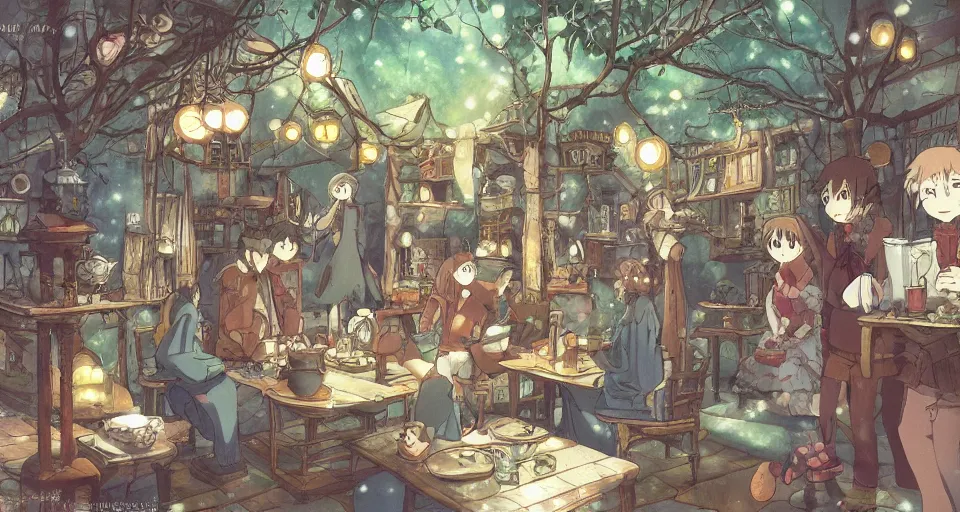 Prompt: Anime visual of a cozy steampunk inn in a magical forest; cheerful and peaceful mood; illustrated by Hayao Miyazaki; anime production by Studio Ghibli; winter