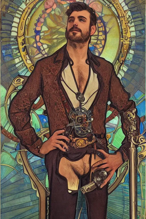 Prompt: a dramatic ethereal epic symmetrical painting of a handsome villainous cowboy standing in front of a steam locomotive | his shirt is unbuttoned and he has a pocketwatch | tarot card, art deco, art nouveau, ( steampunk ), homoerotic, realistic | by louis comfort tiffany and alphonse mucha | trending on artstation