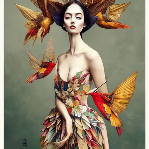 Image similar to full length view of a beautiful girl wearing an origami dress, hummingbirds, elegant, by esao andrews, by eiko ishioka, givenchy, by peter mohrbacher, centered, enchanting, floral ornamentic on cloth and hair, detailed beautiful face, high depth of field, origami, detailed fashion illustration, vogue, japanese, reallusion character creator