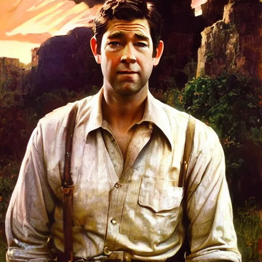 Image similar to ultra realistic portrait painting of john krasinski as farmer, art by frank frazetta, 4 k, ultra realistic, highly detailed, epic lighting