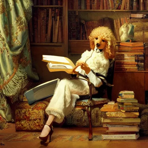 Image similar to a poodle reading a big book, highly detailed painting by gaston bussiere, craig mullins, j. c. leyendecker 8 k