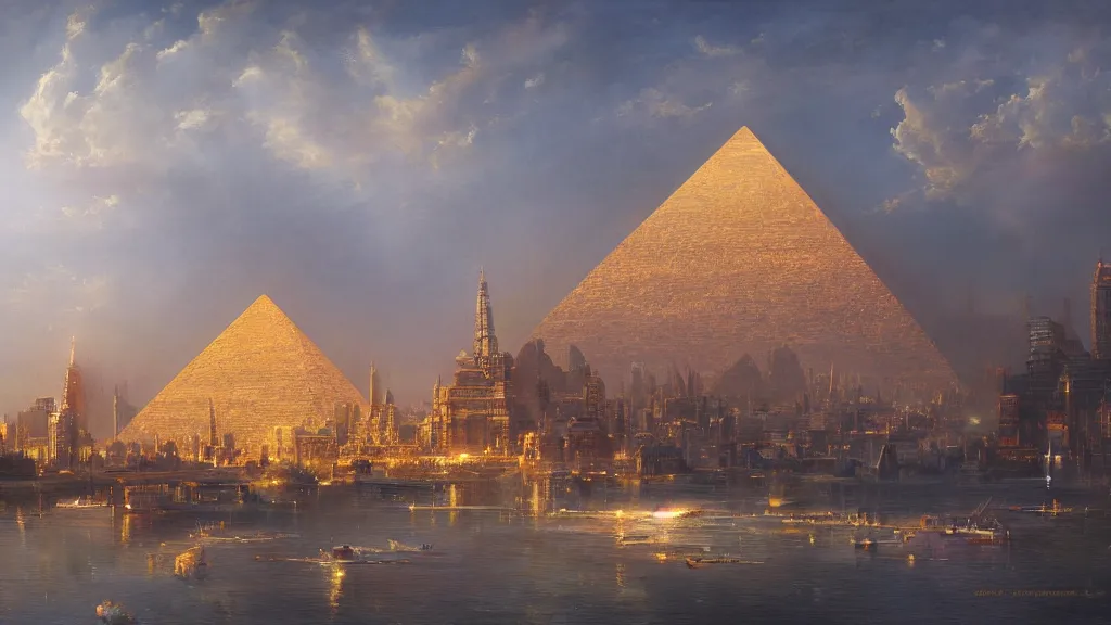 Prompt: Trending on artstation, beautiful pyramid with golden tip surrounded by modern high-tech city, detailed matte painting, oil on canvas