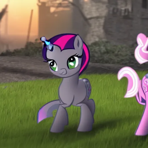 Image similar to My Little Pony in World War 2 battlefield footage taken on old camera