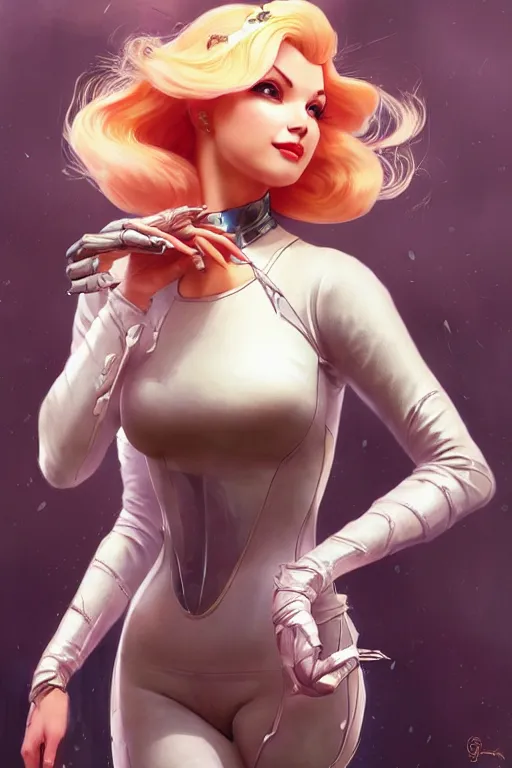 Image similar to gta princess peach as aeon flux profile picture by greg rutkowski, dynamic pose, intricate, futuristic, fantasy, elegant, by stanley artgerm lau, greg rutkowski, thomas kindkade, alphonse mucha, loish, norman rockwell, fantasy lut, asymmetric, long hair, retro computer graphics, video game, fluid lines,