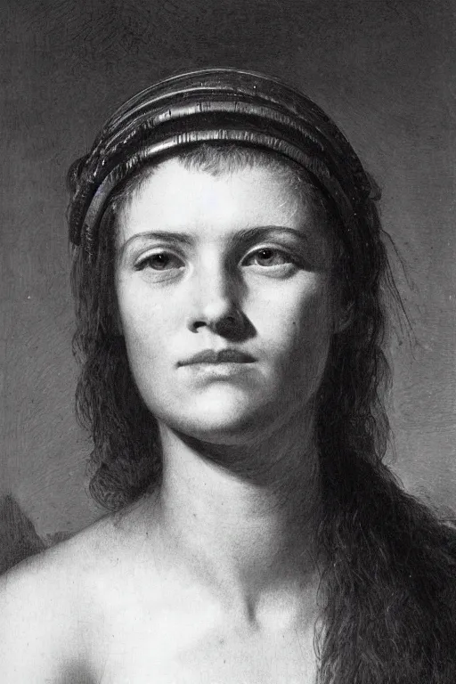 Prompt: head and shoulders portrait of a barbarian, female