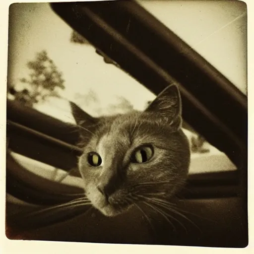 Image similar to black cat in a rollercoaster. the cat is looking excited. polaroid. sepia.