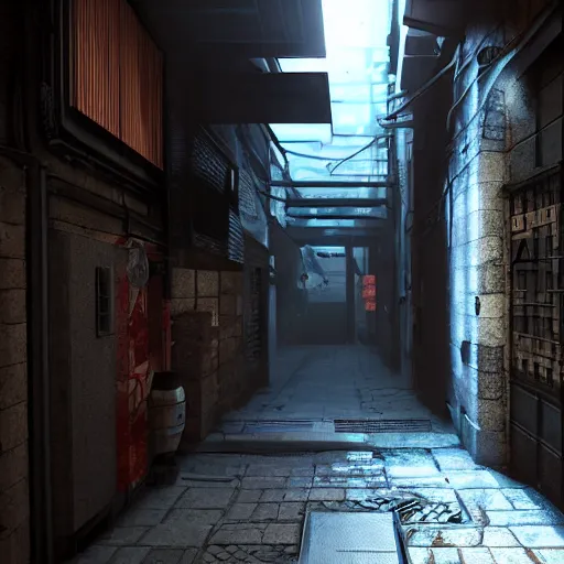 Prompt: a narrow alley with a sign in the middle of it, cyberpunk art by pan tianshou, cgsociety contest winner, shin hanga, unreal engine 5, rendered in unreal engine, unreal engine