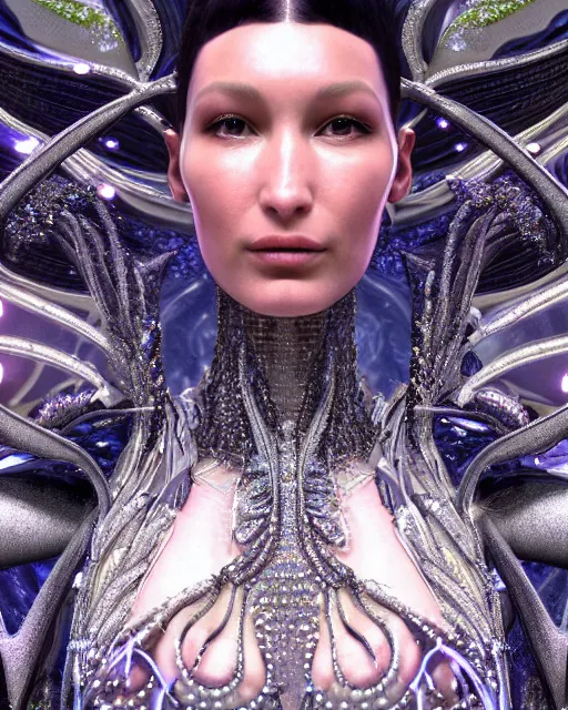 Image similar to a highly detailed metahuman 4 k close up render of an alien goddess bella hadid as alien in iris van herpen dress schiaparelli in diamonds crystals swarovski and jewelry iridescent in style of alphonse mucha gustav klimt trending on artstation made in unreal engine 4