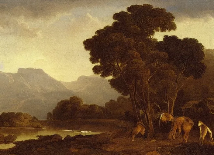 Image similar to highly detailed landscape of the african velt, misty ominous atmosphere : claude lorrain