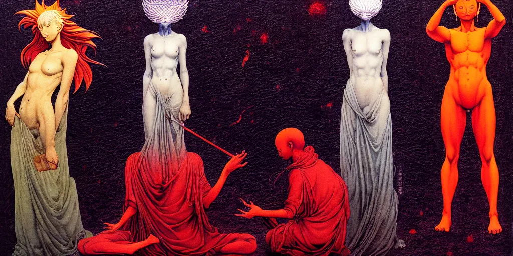 Image similar to the three fates akira anime, manga oil paint risograph gottfried helnwein beksinski aurora lighting carl spitzweg tokio aoyama david normal alex grey pablo amaringo mati klarwein detailed sculpture