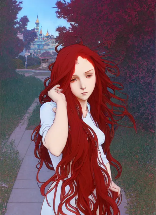 Prompt: young woman with long red hair standing at the corner of a busy street, path traced, highly detailed, high quality, digital painting, by studio ghibli and alphonse mucha, leesha hannigan, makoto shinkai, disney