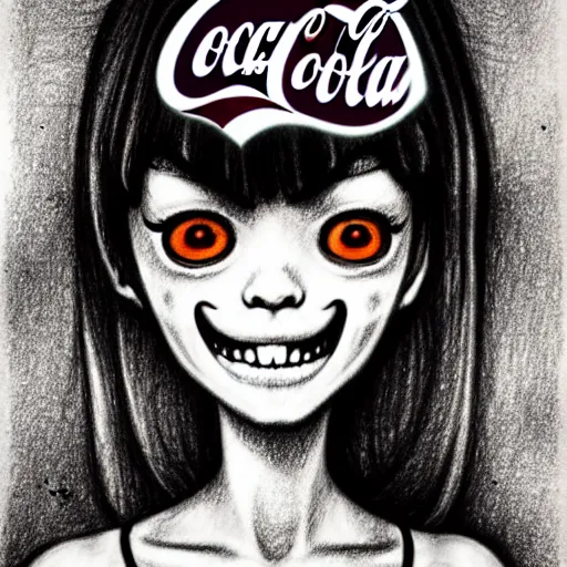 Prompt: pencil drawing of the coke logo personified as a soda themed girl in the style of the lavender towne, large creepy eyes, extremely detailed and colorful eyes, digital art, deviant art, soda themed girl, hyper detailed eyes, money sign pupils, tim burton, scratchy lines, junji ito, gorrilaz, her forehead has the coke logo burned into it