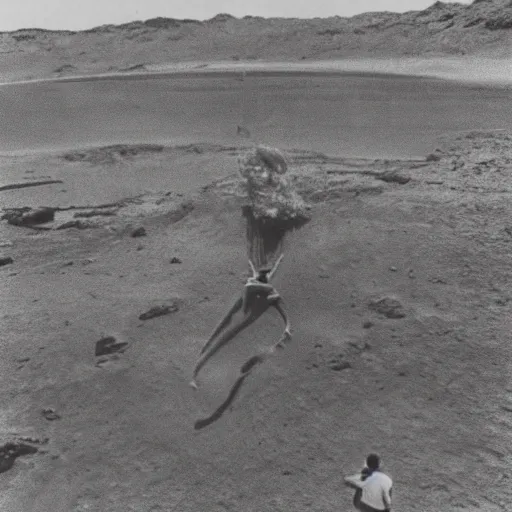 Image similar to the first giant canary on Mars bodysurfing in the first wave pool on Mars photo 1970s Polaroid