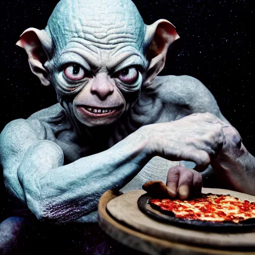 Prompt: Gollum is standing on all four, crouched protectively over his pizza. The pizza is on the snow covered ground beneath him. Gollum is looking straight into the camera and has a fierce look on his face, eyes bulging, mouth snarling. Dramatic backlight, dark sky, nighttime photography, blue hour, ISO1200, 50mm lens, wide shot.