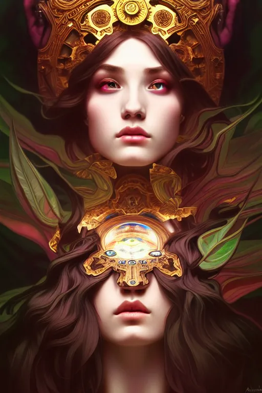 Image similar to overlord, psychedelic, portrait, highly detailed, deep focus, elegant, digital painting, smooth, sharp focus, illustration, ultra realistic, 8 k, art by artgerm and alphonse mucha