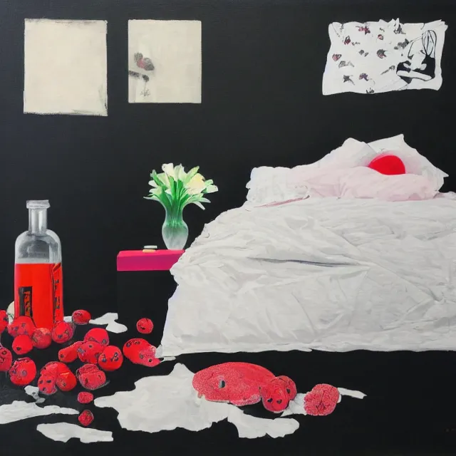 Image similar to bedroom room with black walls, sensual portrait of a woman sleeping, japanese vase, white flowers, puddle of water, octopus, squashed berries, neo - expressionism, surrealism, acrylic and spray paint and oilstick on canvas