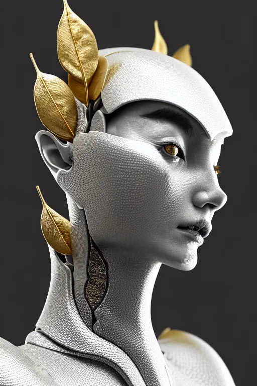 Image similar to monochrome close - up profile face, black background, beautiful young porcelain bio - mechanical vegetal - dragon - cyborg - female, white metallic armour, silver gold details, magnolia leaves and stems, roots, mandelbot fractal, 1 5 0 mm, beautiful natural soft rim light, elegant, hyper real, ultra detailed, octane render, 1 6 k