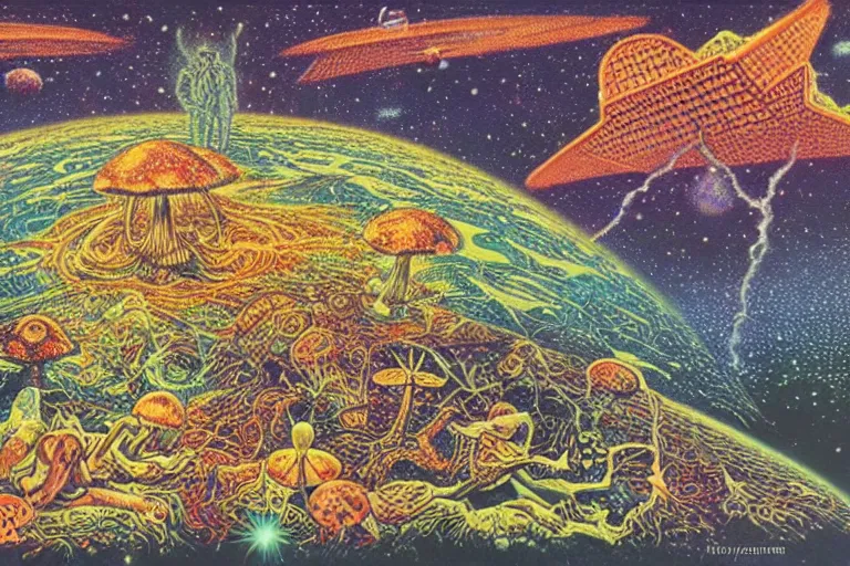 Image similar to how magic mushrooms can take us to the farthest reaches of inner space, painting by virgil finlay and kelly freas