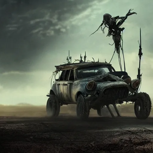 Image similar to ant humanoid, post-apocalyptic, mad max style, top cinematic lighting , cinematic mood, very detailed,