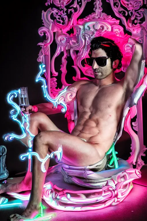 Image similar to full-body rococo and cyberpunk style neon statue of a muscular attractive Jason Baldoni wearing cholo shades macho dotado e rico android sim roupa reclining con las piernas abertas e la piroca dura, ethereal white dripping tar, glowing white lasers, pink tigers, glowing eyes, silver prince crown, black gears, pink diamonds, swirling mint-colored silk fabric. futuristic elements. full-length view. human skulls. large intricate artwork by caravaggio. Trending on artstation, octane render, cinematic lighting from the right, hyper realism, octane render, 8k, depth of field, 3D