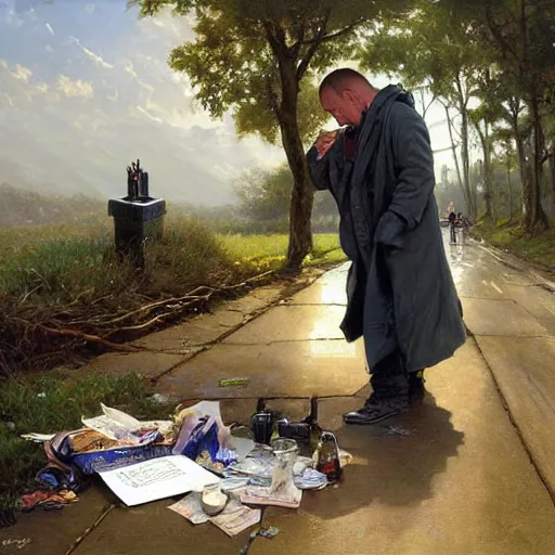 Prompt: alex jones begging on the side of the road, award winning painting by stanley artgerm lau, greg rutkowski, thomas kindkade, alphonse mucha, loish, norman rockwell,