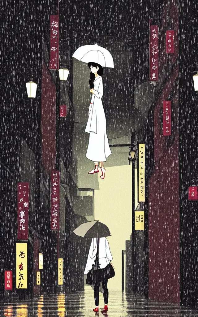 Image similar to a woman wearing a white dress walking on the wet street on a rainy night in kyoto by wes anderson and makoto shinkai. dramatic lighting. cel shading.