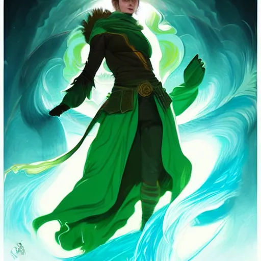 Image similar to style artgerm, joshua middleton, emma watson as a warrior monk wearing green pelt light amor, blue hair, swirling water cosmos, fantasy, dnd, cinematic lighting