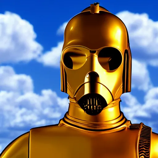 Image similar to full body portrait of Simpson as C3PO in star wars, background blue sky puffy clouds cinematic 4k