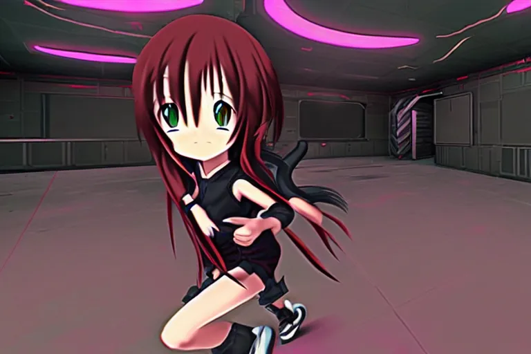 Image similar to an anime girl in a screenshot of the video game doom, the anime girl is running