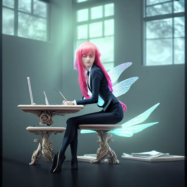 Image similar to epic professional digital art of a fairy in a professional business suit, sitting at a desk,, best on artstation, cgsociety, wlop, Behance, pixiv, astonishing, impressive, outstanding, epic, cinematic, stunning, gorgeous, much detail, much wow,, masterpiece.