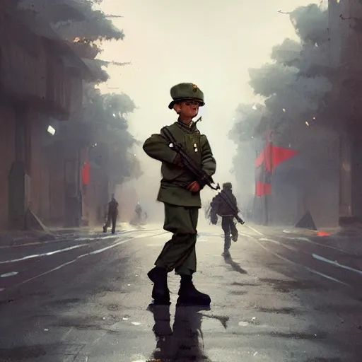 Prompt: A Boy in a military uniform, standing in the middle of the street, in a town, by Greg rutkowski, 4k, trending on artstation