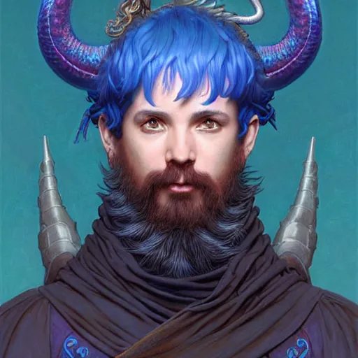 Image similar to half length portrait of a medieval fantasy sorcerer, a male anthropomorphic nerdy blue dragon with electrcity magic, fantasy, d & d, high details, art by ( ( ( kuvshinov ilya ) ) ) and wayne barlowe and gustav klimt and artgerm and wlop and william - adolphe bouguereau