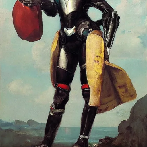 Image similar to a realistic painting by Gustave Courbet depicting the Kamen Rider suit fused with Emma Watson body in the Renaissance,smooth,Sharp focus, trending on Artstation.