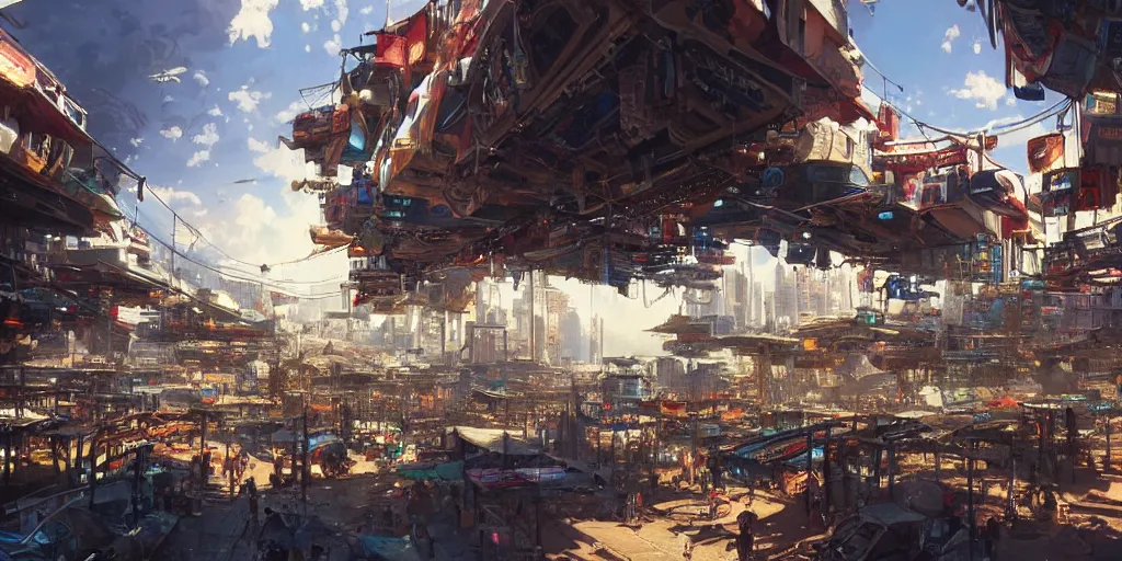 Prompt: screenshot of a vibrant marketplace in a massive inverted city, upside down, dappled light, colossal arcing metal structures high in the sky, beautiful, awe inspiring, fps, by james gurney, greg rutkowski, sparth, cinematography, cinematic masterpiece