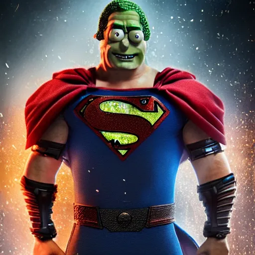 Image similar to pickle rick as superman! in gears of war, splash art, movie still, detailed face, photorealistic facial features, cinematic lighting, dramatic, octane render, long lens, shallow depth of field, bokeh, anamorphic lens flare, 8 k, hyper detailed, 3 5 mm film grain