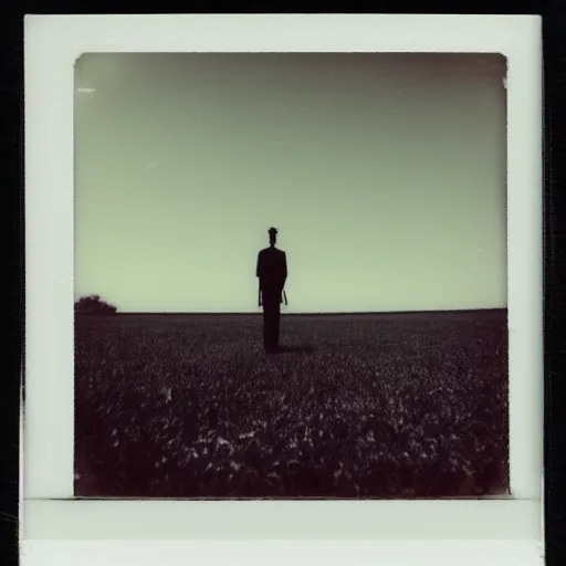 Image similar to polaroid photo of an empty field with a figure with long limbs standing in the far distance