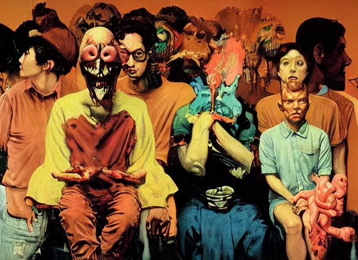 Prompt: a still from the tv series freaks and geeks by francis bacon, surreal, norman rockwell and james jean, greg hildebrandt, and mark brooks, triadic color scheme, by greg rutkowski, syd mead and edward hopper and norman rockwell and beksinski, dark surrealism, orange and turquoise and purple and yellow and pink