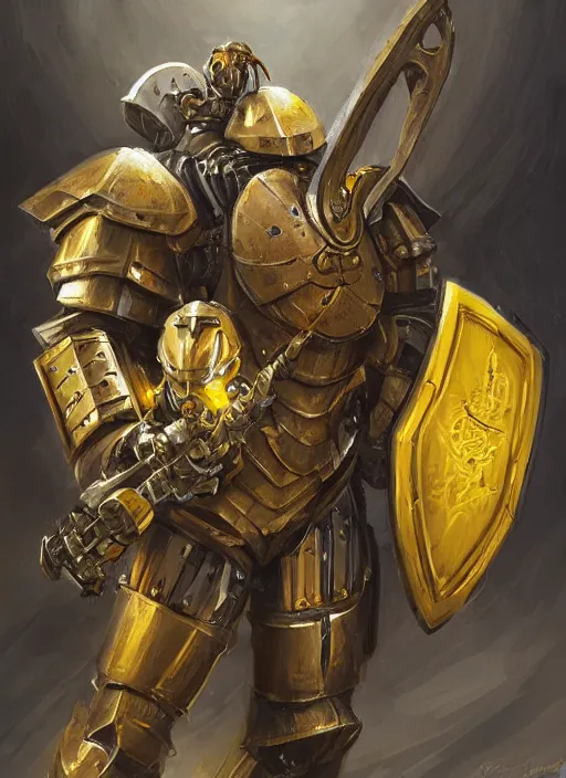 Prompt: dynamic portrait of a intricate mechanical warforged character in yellow armor holding a paladin engraved longsword and carrying a big shield, epic , trending on ArtStation, cinematic lighting, by Jesper Ejsing